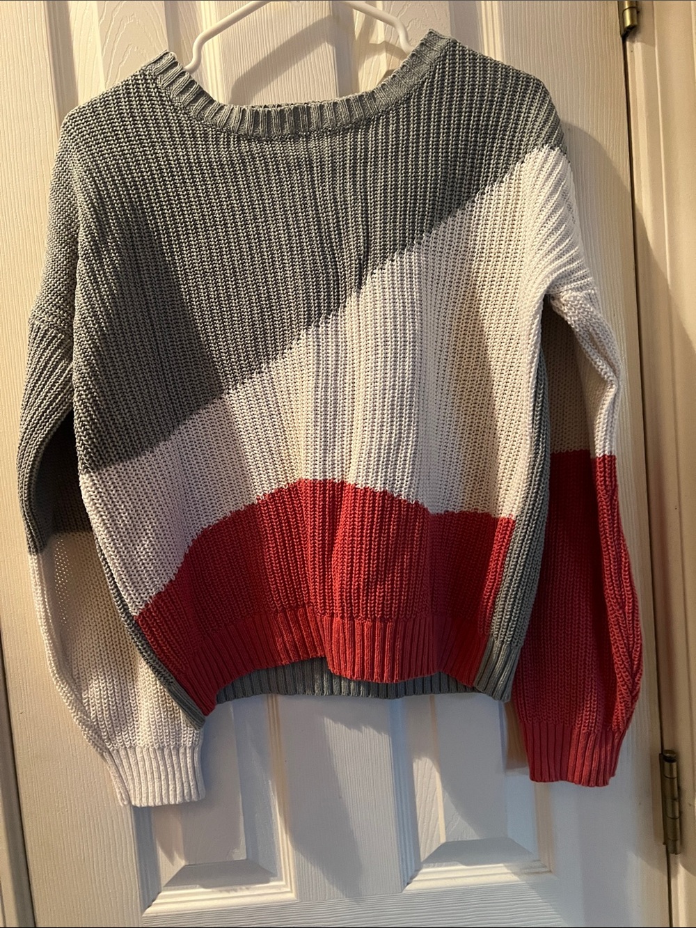 Kids Colorblock Crewneck Sweater in Gray, White & Red